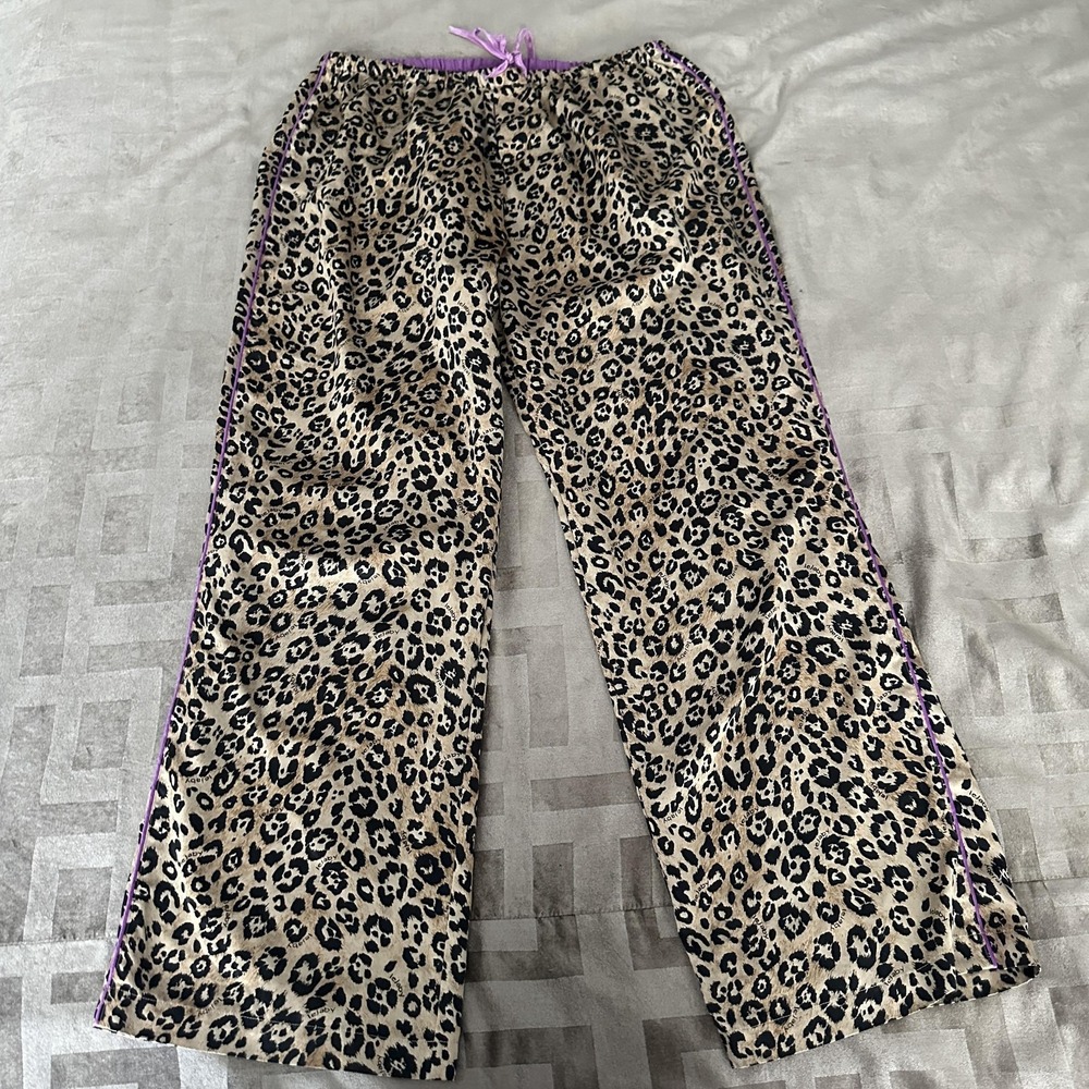 VTG Lejaby Pajama Pants Womens Large Brown Leopard Satin Drawstring Lounge Sleep